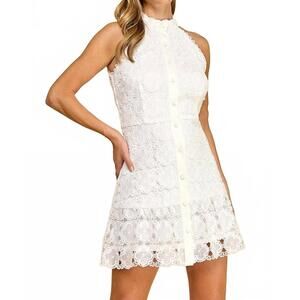 NEW BABY PINK floral high neck mini dress in white